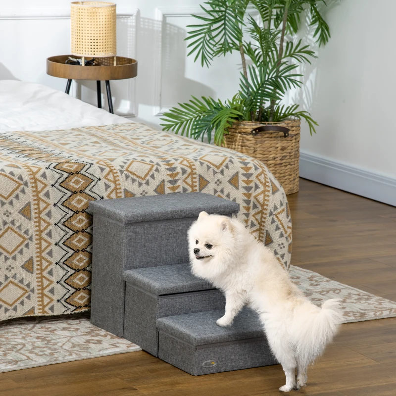 PawHut Dog Stairs, 3-Tier Dog Steps for High Bed Couch with Storage Box, Portable Dog Ramp Home Ladder for Small Cat and Dog