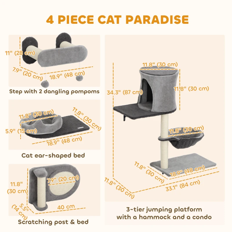 PawHut 4Pcs Cat Wall Shelves with Scratching Post & Pad, Condo, Hammock, Bed, Step, Hanging Pompoms, Perches
