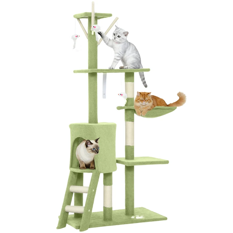 PawHut 53" Cat Tree Tower, Kitten Activity Centre with Scratching Posts, Condo, Perches, Ladder, Hammock, Dangling Toys, Green