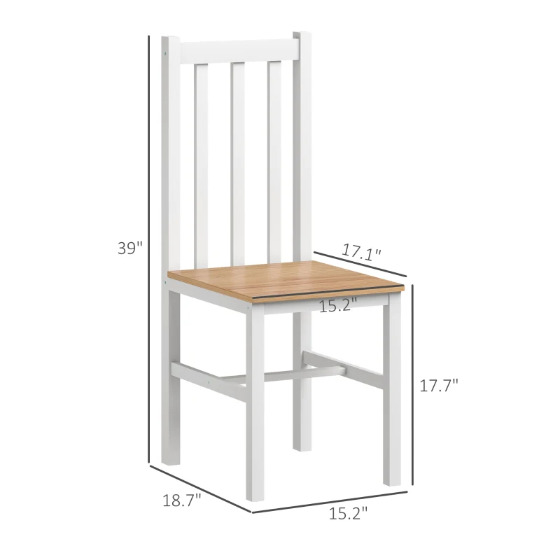 HOMCOM Farmhouse Dining Table Chairs, Set of 4 Pine Wood Kitchen Table Chairs with Slat Back for Living Room, Bedroom, White