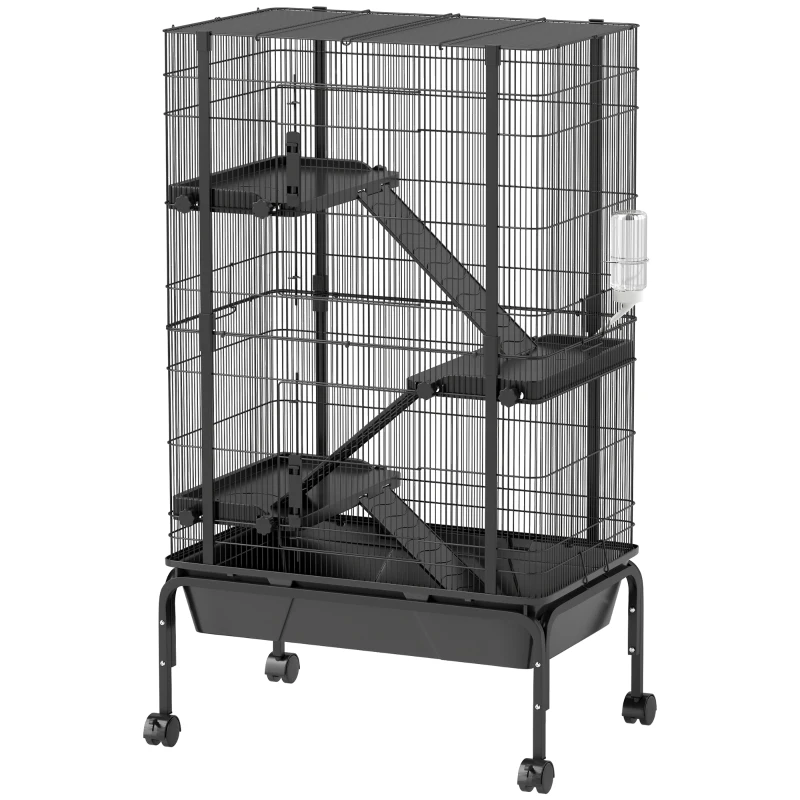 PawHut 47"H Ferret Cage, Large 4-Tier Guinea Pig Cage with Wheels, Ramps, Bowl, Water Bottle & Removable Tray, Black