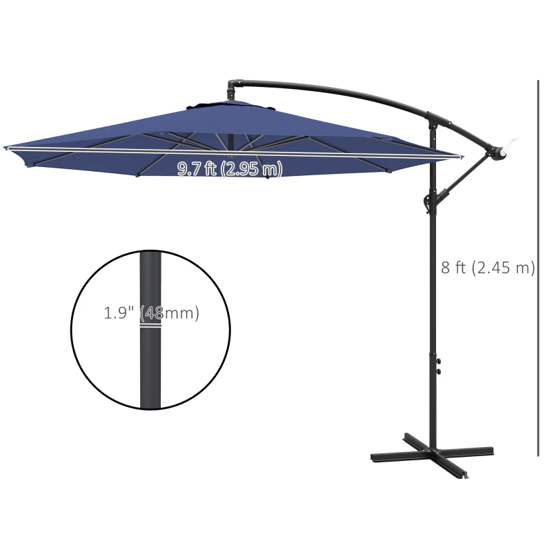 Outsunny 9.7ft Offset Patio UmbrellaCantilever Parasol with Crank Handle, 8 Ribs and Cross Base for Outdoor, Sun Shade, Blue