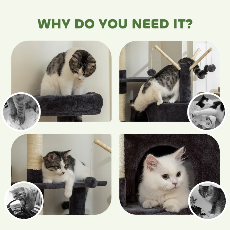 PawHut 59 Inch Large Cat Tree with Sisal Scratching Posts, Cozy Condo, Top Perch, Ladder and Interactive Balls, Dark Grey