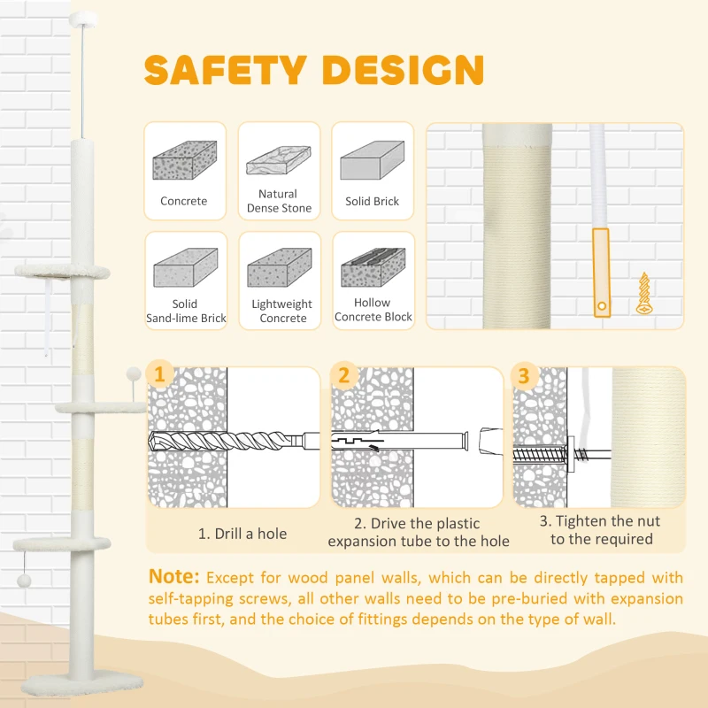 PawHut 88.5"-100.5" Floor to Ceiling Cat Tree, Cat Tower with Scratching Posts, Cloud Shaped Platforms, Dangling Balls, Cream