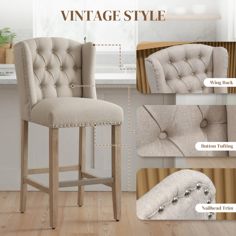 HOMCOM Counter Height Bar Stools Set of 2, 27" Seat Height Upholstered Barstools, Farmhouse Kitchen Island Stools with Nailhead-Trim, Tufted Back and Wooden Legs, Beige