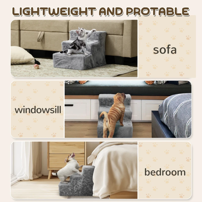 PawHut 3-Step Dog Ramp for Sofa, Bed, and Couch, with Removable Cover, Light Grey
