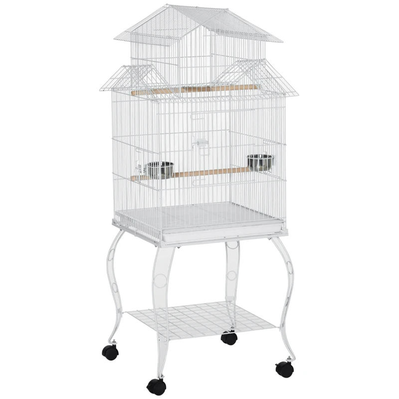 PawHut 53.9'' Large Rolling Steel Bird Cage Bird House with Detachable Rolling Stand, Storage Shelf, Wood Perch, Food Container, White