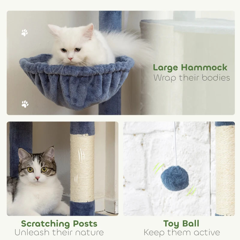 PawHut 48" Modern Cat Tree with Condo, Hammock, Perch, Sisal Scratching Posts, Toy Ball, for Indoor Cats, Blue and Grey
