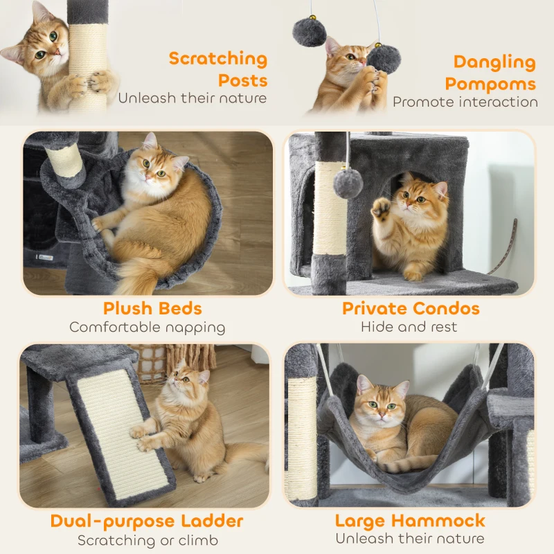 PawHut 76" Large Cat Tree for Indoor Cats with 8 Scratching Posts, 3 Plush Beds, 2 Hammocks, 2 Large Condos, Ramp, Dark Grey