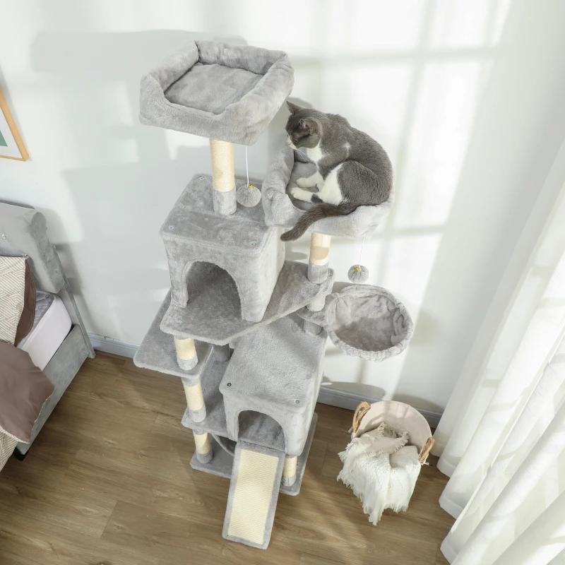 PawHut Cat Tree, 70" Multi-Level Cat Tower with 2 Condos, 2 Beds, Hammock, Toy Balls, Scratching Posts and Board, Light Grey