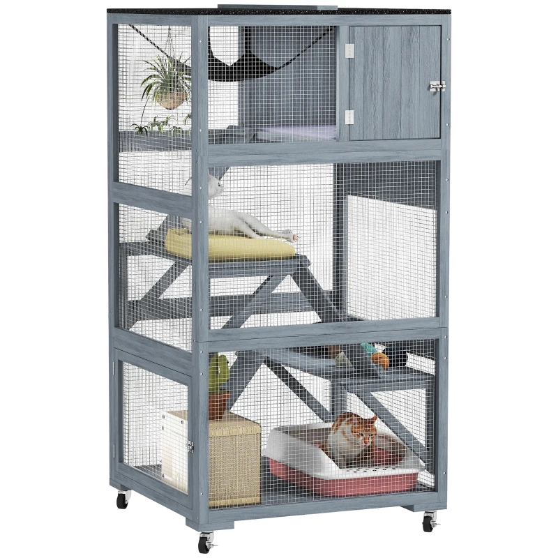 PawHut 66"H Catio Outdoor Cat Enclosure on Wheels with Hammock Multiple Platforms Resting Condo Ramps for 1-3 Cats, Grey