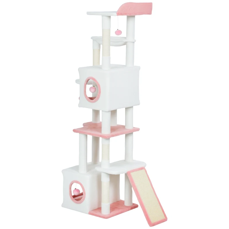 PawHut 65 Inch Cat Tree with 2 Doors Condos, Plush Top Perch, Hammock, Sisal Scratching Posts, 4 Pompoms, Ramp, White