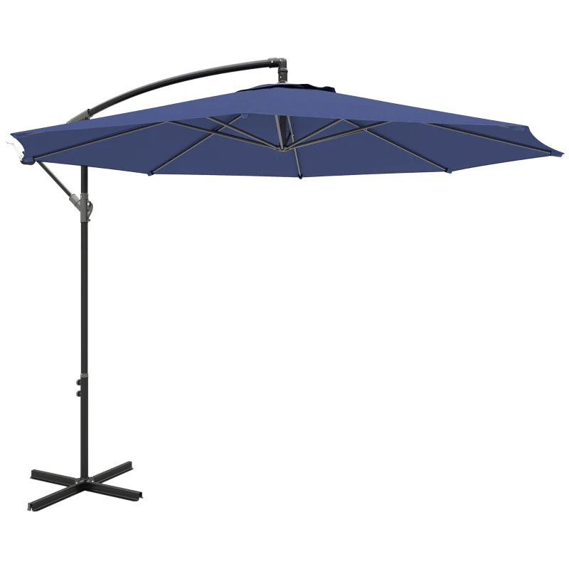 Outsunny 9.7ft Offset Patio UmbrellaCantilever Parasol with Crank Handle, 8 Ribs and Cross Base for Outdoor, Sun Shade, Blue