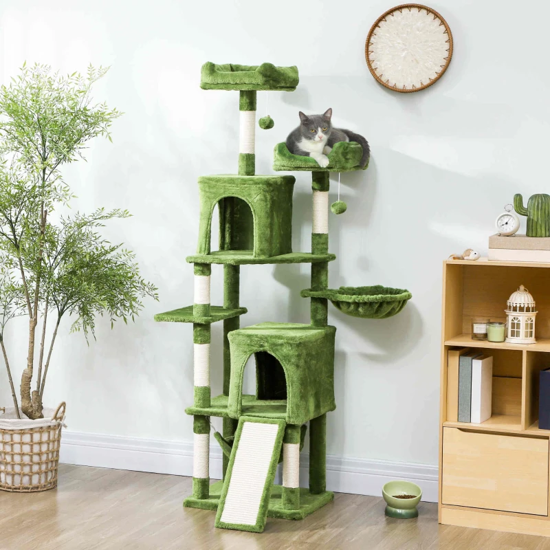 PawHut Cat Tree, 70" Multi-Level Cat Tower with 2 Condos, 2 Perches, Hammock, Toy Balls, Scratching Posts and Board, Green