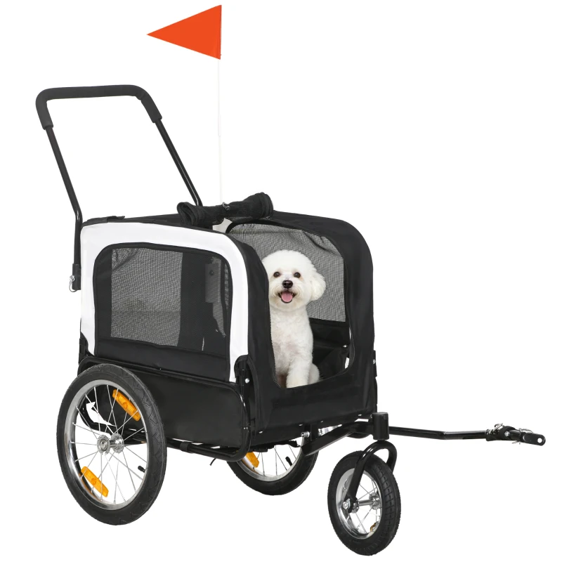 PawHut 2 in 1 Dog Bike Trailer, Dog Stroller with Safety Leash, Hitch, Flag, Reflectors, Cushion for Small Dogs, Grey
