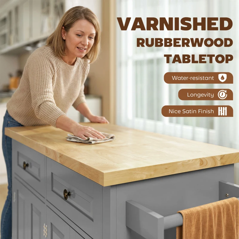 HOMCOM Kitchen Island with Storage, Rolling Trolley Cart with Rubber Wood Top, Spice Rack, Towel Rack, Grey