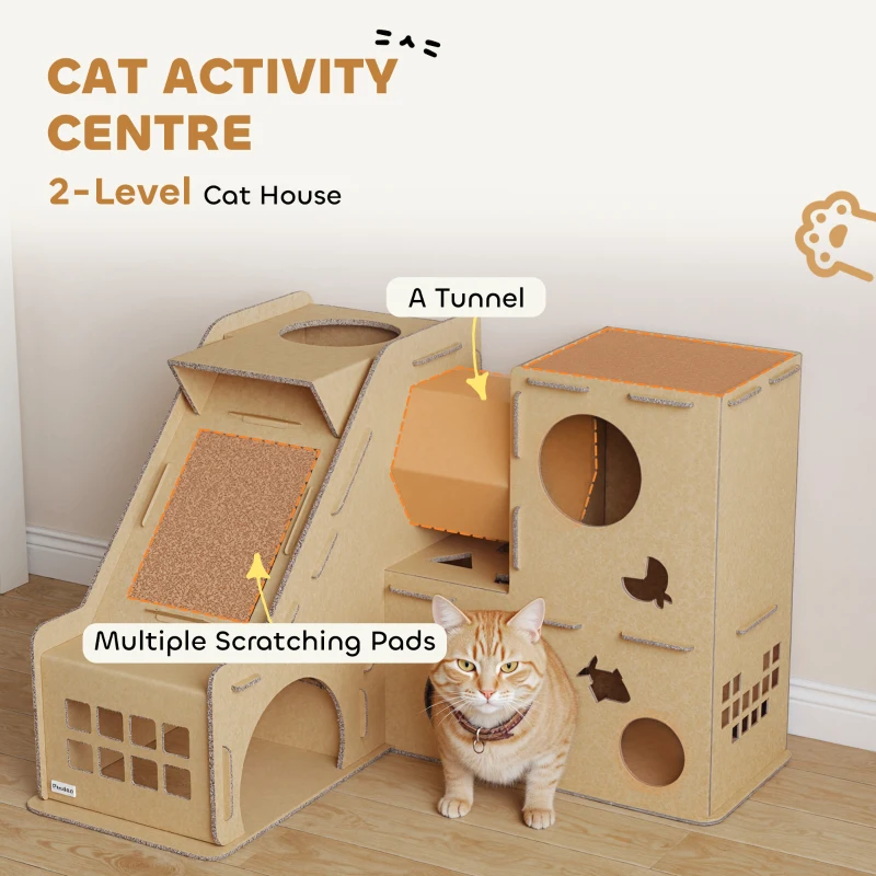 PawHut Multi-Level Cardboard Cat House, Corrugated Cardboard Play Condo with Scratching Pads for Indoor Kittens
