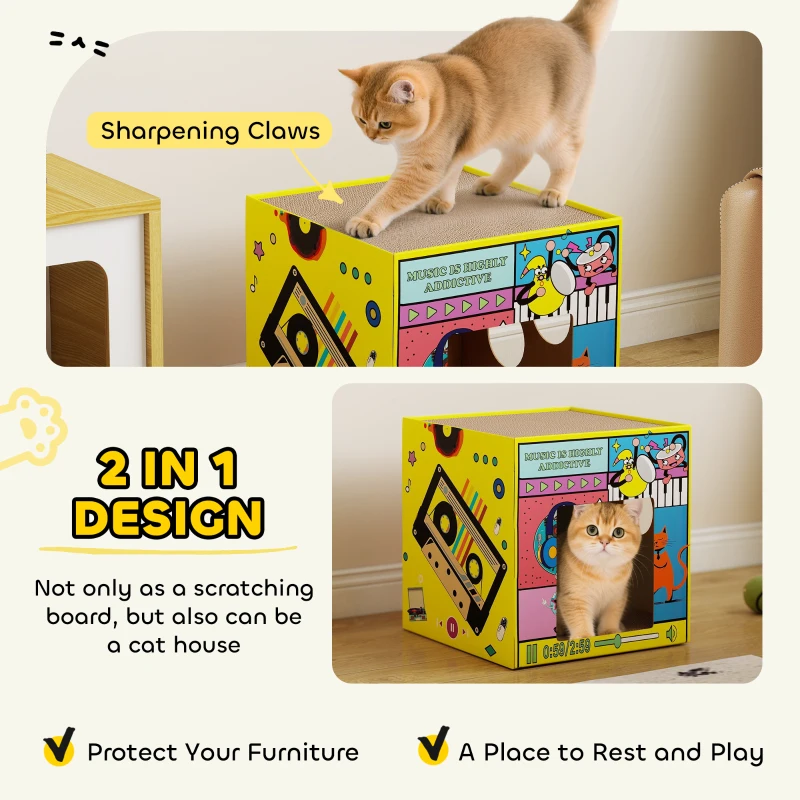 PawHut 2 in 1 Cardboard Cat House, Cat Scratcher for Indoor Cats with Scratching Board & Catnip