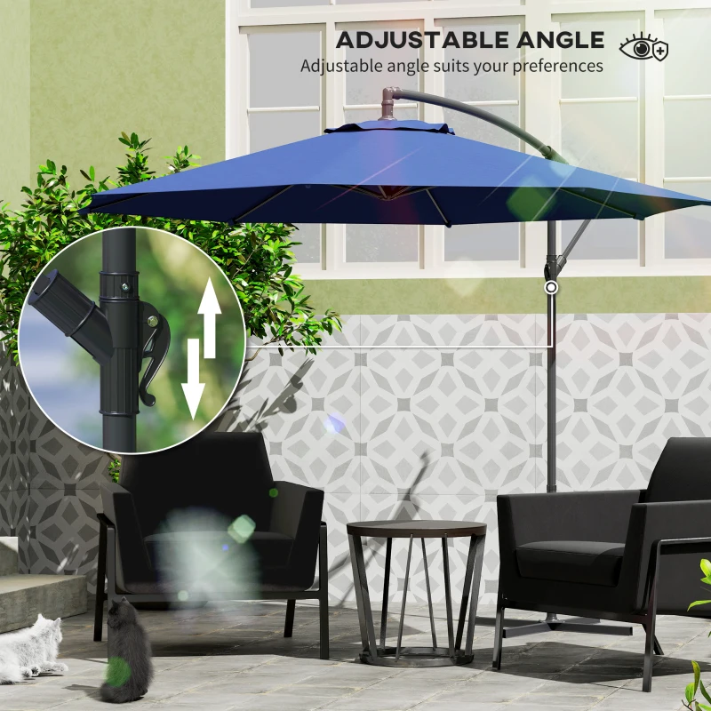 Outsunny 9.7ft Offset Patio UmbrellaCantilever Parasol with Crank Handle, 8 Ribs and Cross Base for Outdoor, Sun Shade, Blue