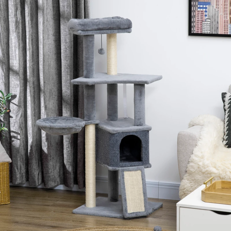 PawHut 50 Inch Cat Tree, Multi-Level Cat Tower with Sisal Scratching Posts and Ramp, Bed, Condo, Hammock, Toy Ball, Grey