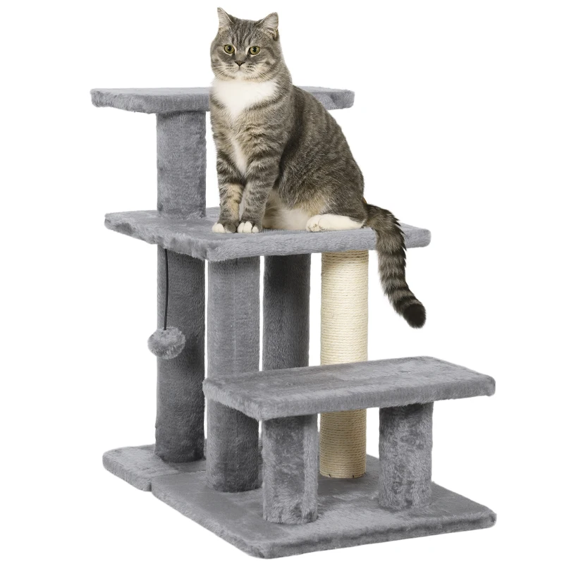 PawHut Cat Stairs with Sisal Scratching Post for High Bed Couch, Adjustable 3-Tier Pet Stairs, Grey