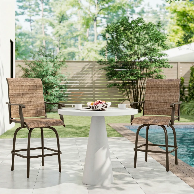 Outsunny Set of 2 Outdoor Swivel Bar Stools with Armrests, Bar Height Patio Chairs with Steel Frame for Balcony, Poolside, Backyard, Brown