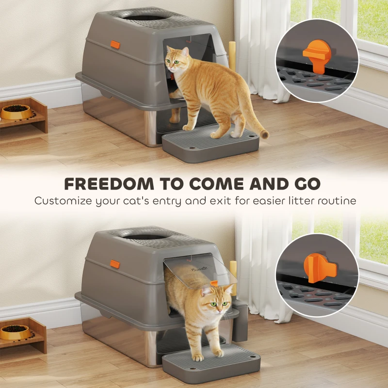 PawHut XL Stainless Steel Cat Litter Box, 80L Kitty Litter Box with Front/Top Entry, Trapping Step, Scoop, for Large Big Cats
