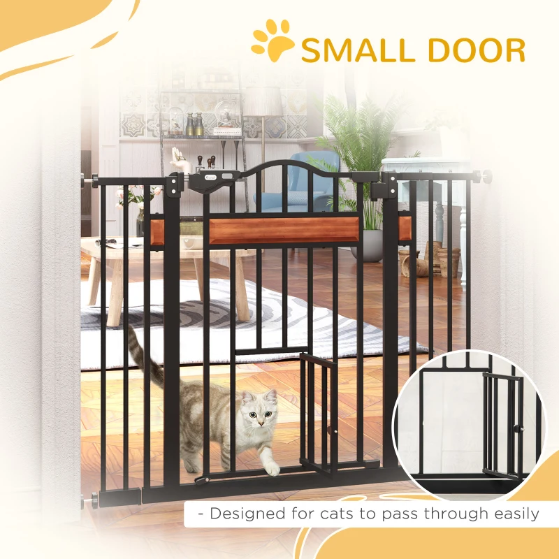 PawHut 29.1''-41.3'' Extra Wide Dog Gate with Cat Door, Stair Pressure Fit, Auto Close, Double Locking, for Doorways, Hallways