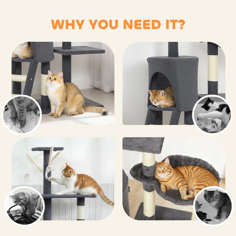 PawHut 53" Cat Tree Tower, Kitten Activity Centre with Scratching Posts, Condo, Perches, Ladder, Hammock, Dangling Toys, Dark Grey