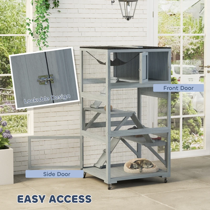 PawHut 66"H Catio Outdoor Cat Enclosure on Wheels with Hammock Multiple Platforms Resting Condo Ramps for 1-3 Cats, Grey