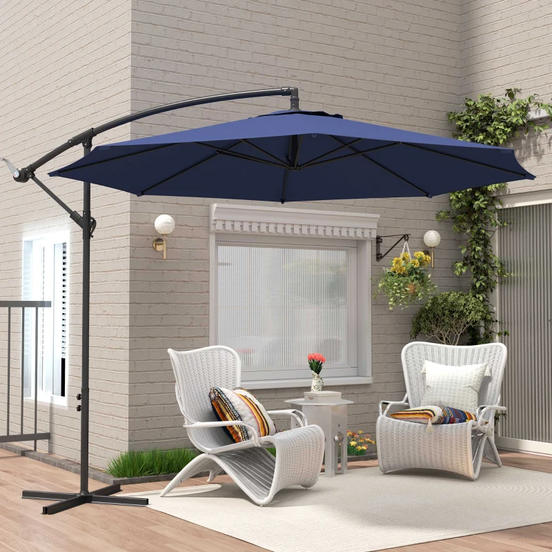 Outsunny 9.7ft Offset Patio UmbrellaCantilever Parasol with Crank Handle, 8 Ribs and Cross Base for Outdoor, Sun Shade, Blue