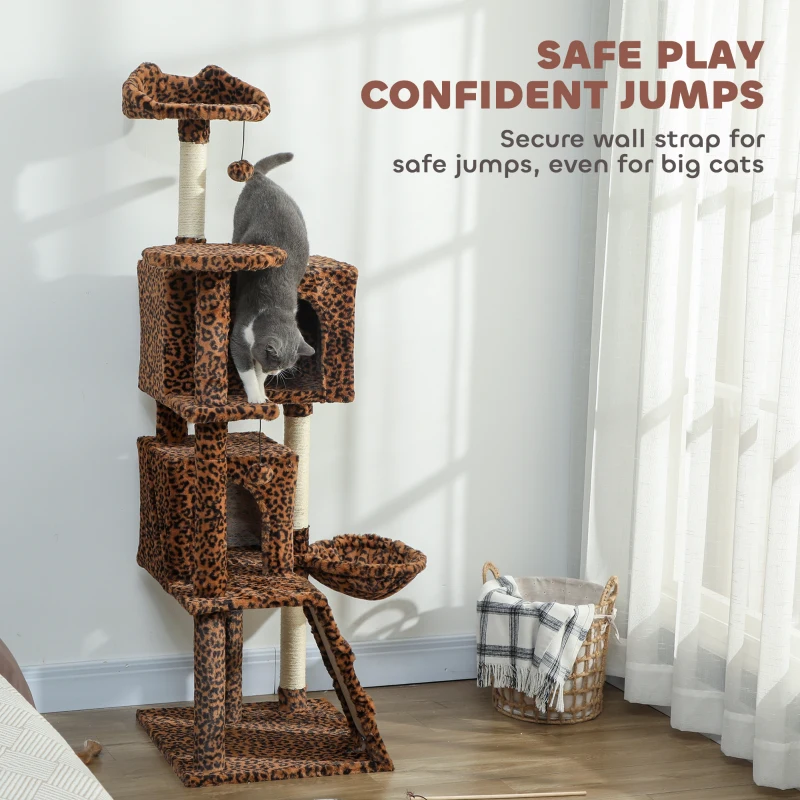 PawHut 63 Inch Cat Tree with Sisal Scratching Posts, Condos, Plush Perches, Hammock, Ladder, Dangling Balls, Leopard Print