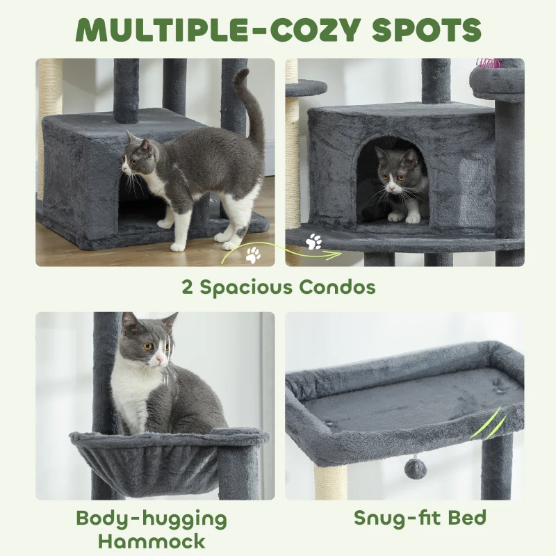 PawHut 79" Extra Tall Cat Tree with Scratching Posts, Perches, Caves, Hammock, Pompoms, for 2-3 Indoor Cats, Dark Grey