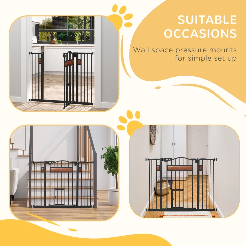 PawHut 29.1''-41.3'' Extra Wide Dog Gate with Cat Door, Stair Pressure Fit, Auto Close, Double Locking, for Doorways, Hallways