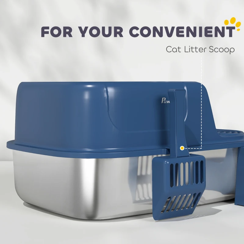 PawHut Stainless Steel Cat Litter Box, Cat Litter Box with High Side and Scoop, Anti-Leakage, Easy to Clean, Navy Blue