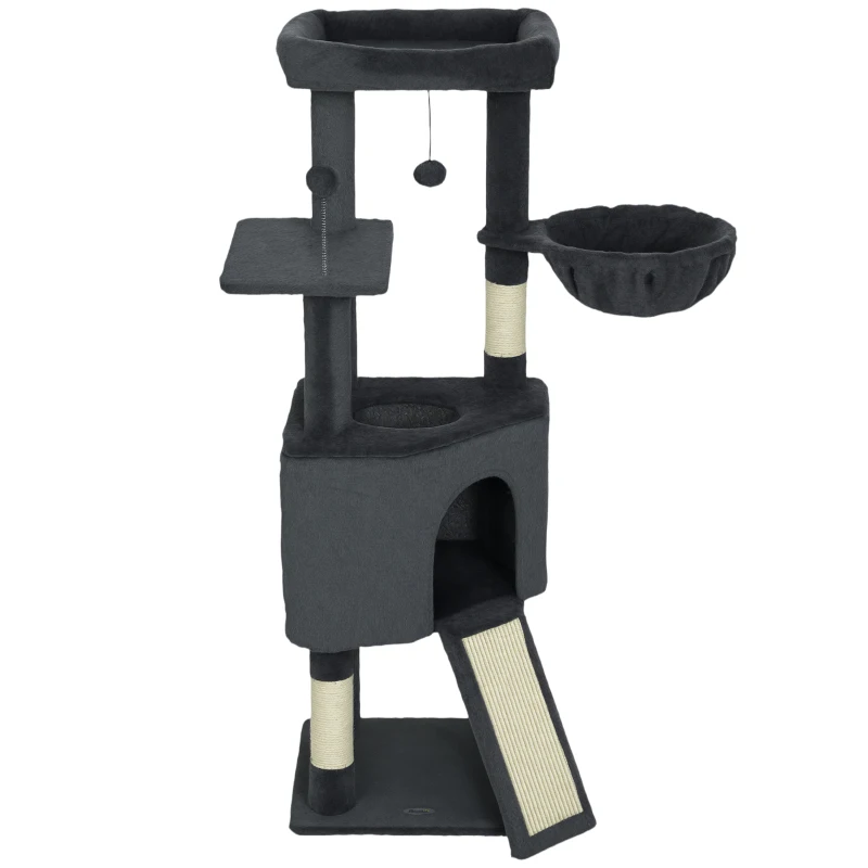 PawHut 47 Inch Cat Tree, Cat Tower for Indoor Cats with Cozy Condo, Bed, Toy Balls, Sisal Scratching Posts, Hammock, Dark Grey