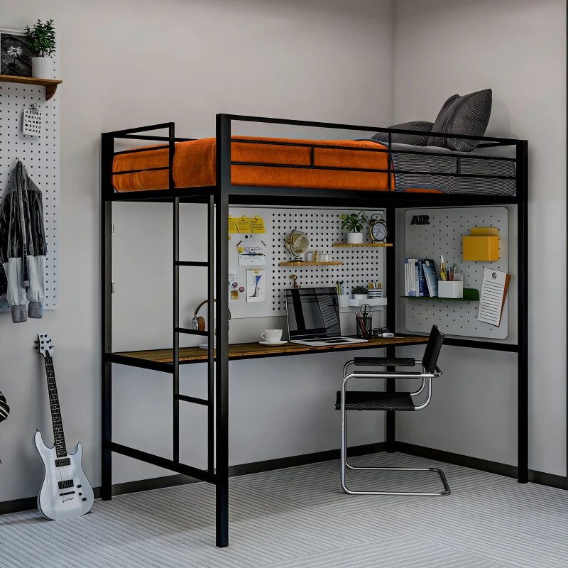 HOMCOM Twin Size Loft Bed with Desk, LED Lights, Charging Station, Twin Metal Loft Bed Frame with Ladder, Black