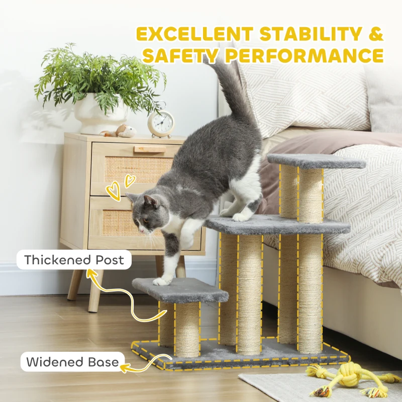 PawHut Cat Stairs with 2 Sisal Scratching Post for High Bed Couch, Adjustable 3-Tier Pet Stairs, White & Grey