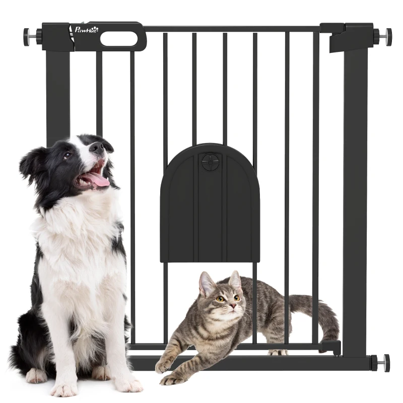 PawHut 30"-32" Extra Wide Pet Gate Barrier with Small Door, 30"H Dog Gate with Safety Gate Barrier, Stair Pressure Fit, Black