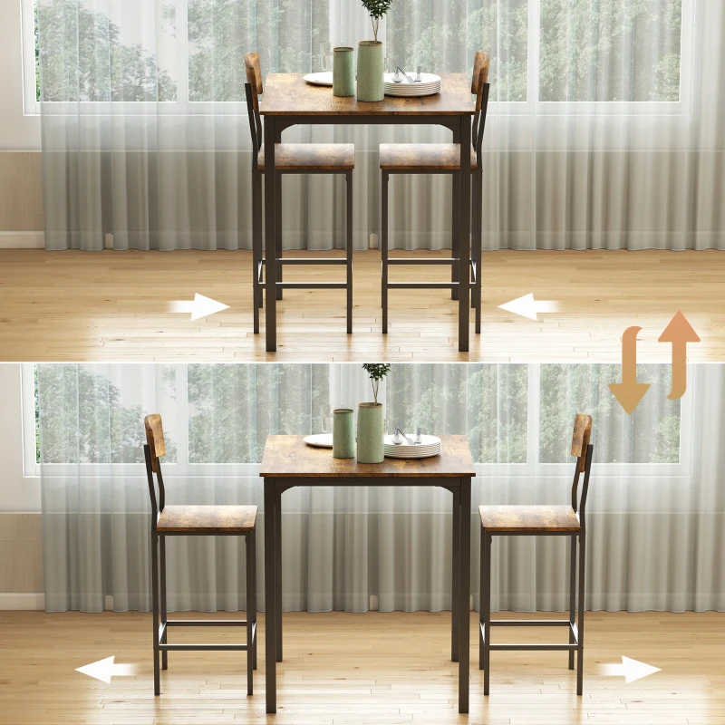 HOMCOM 3 Piece Pub Table and Chairs, Small Kitchen Table and Chairs, Square Dining Table with 2 Stools, Rustic Brown and Black