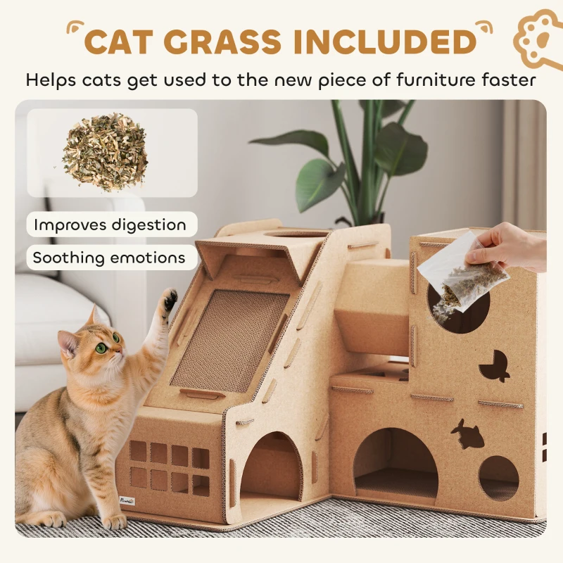 PawHut Multi-Level Cardboard Cat House, Corrugated Cardboard Play Condo with Scratching Pads for Indoor Kittens