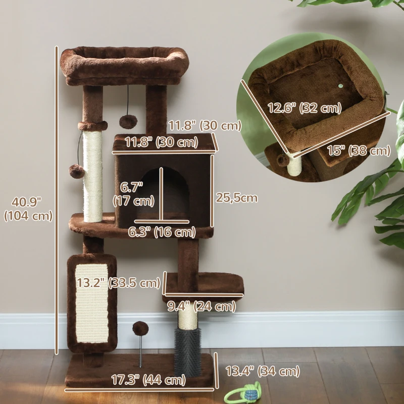 PawHut 41 Inch Cat Tree with Scratching Posts, Cat Bed, Condo, Grooming Brush, Jumping Platforms, Toy Balls, Anti-tip Kit