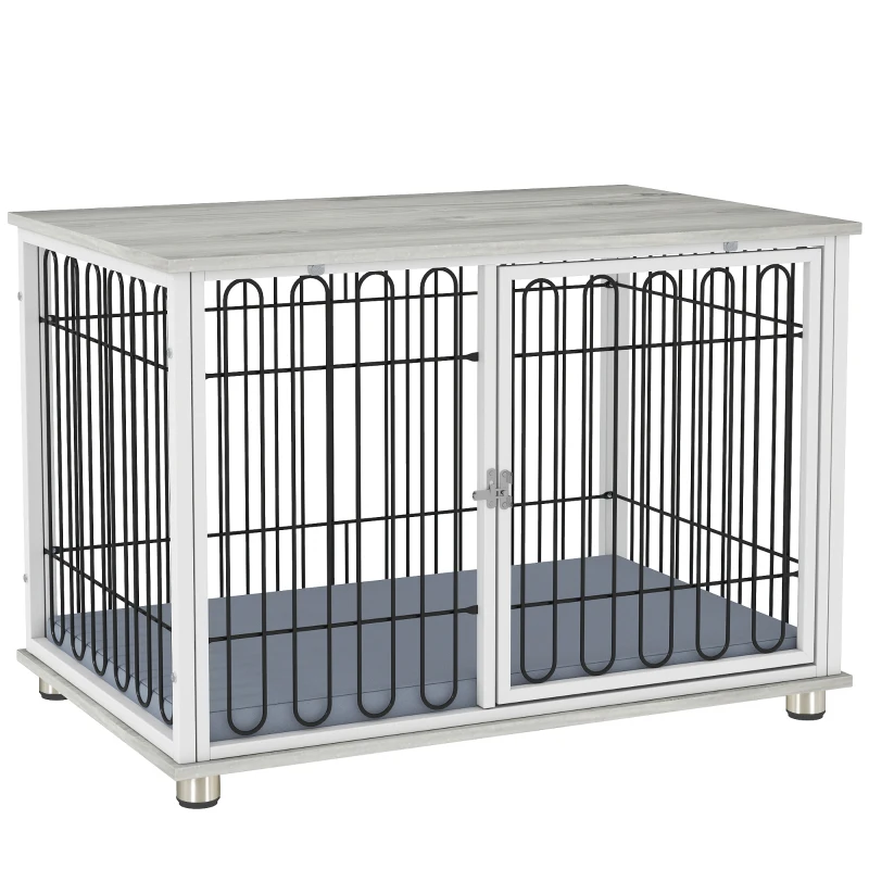 PawHut Dog Crate Furniture with Washable Cushion, Adjustable Feet for Medium Dogs, Indoor Use, Grey