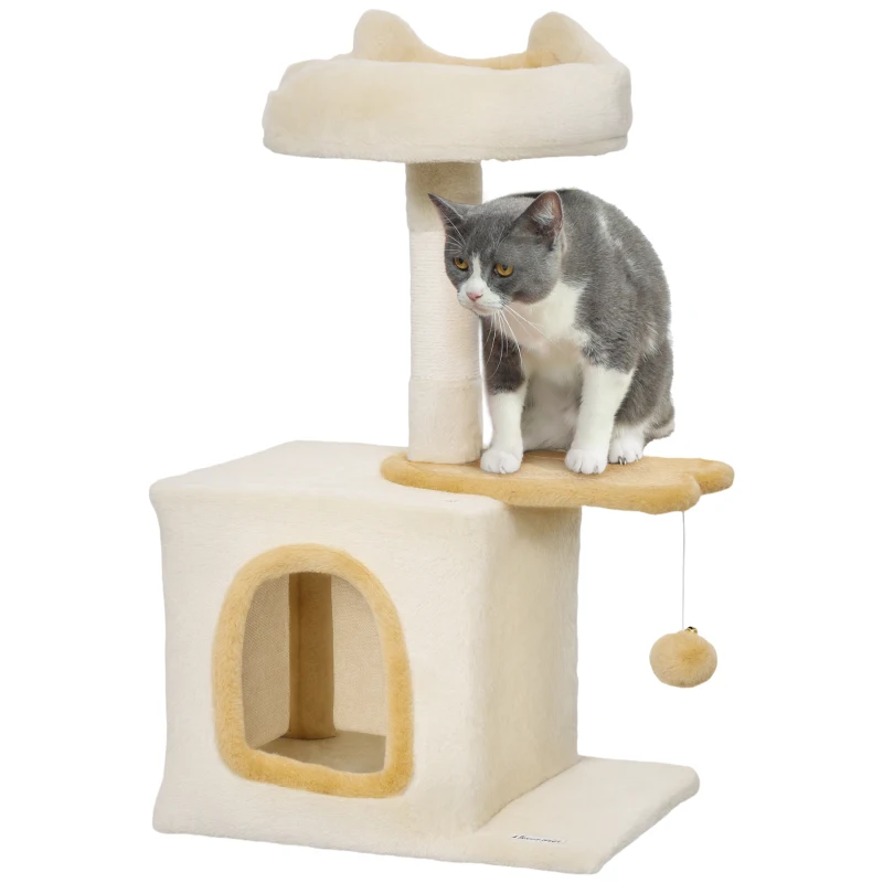 PawHut 28" Cat Tree Tower with Plush Top Bed, Cozy Condo, Sisal Scratching Post, Perch, Dangling Ball, Beige and Yellow