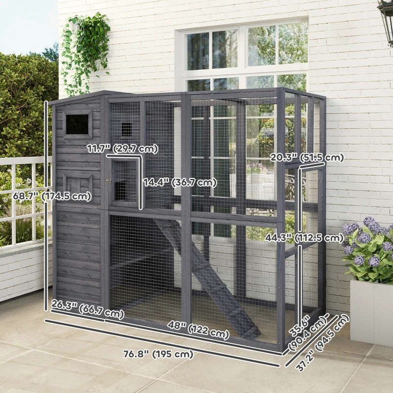 PawHut Outdoor Wooden Catio with 4 Tier Main House, Ramp, Platforms, Asphalt Roof, Ramps, Sliding Door, Window, Grey
