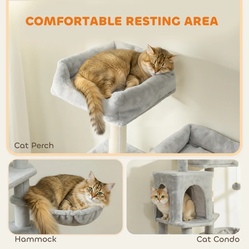 PawHut Cat Tree, 70" Multi-Level Cat Tower with 2 Condos, 2 Beds, Hammock, Toy Balls, Scratching Posts and Board, Light Grey