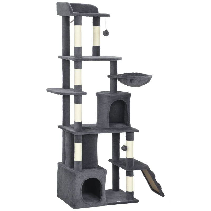 PawHut 67" Large Cat Tree with 7 Scratching Posts, Tunnel, 2 Condos, Hammock, Perch, Ramp, Pompoms, Dark Grey