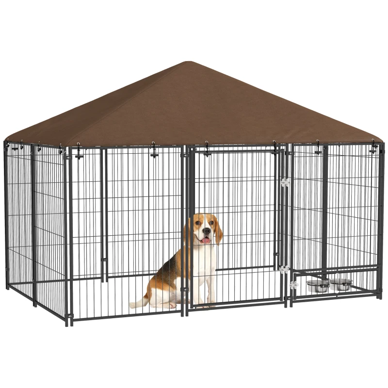 PawHut Outside Dog Kennel, 6.9' x 4.6' x 5' Puppy Play Pen with Canopy, Garden Playpen Fence Crate with Rotating Bowl, Black