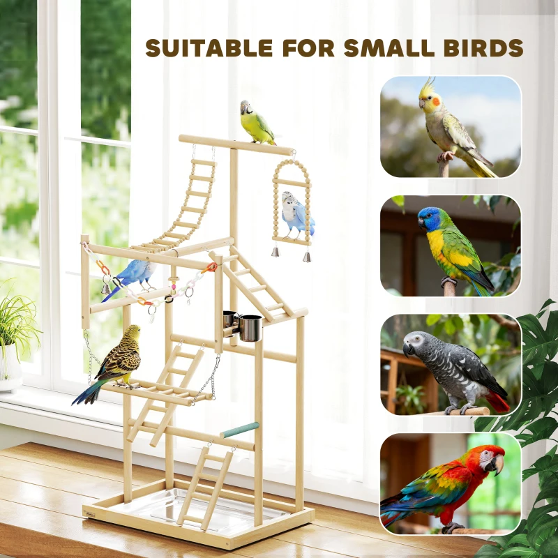 PawHut Bird Playground, 4 Layer Wooden Play Stand with Ladders, Chain Toy, Stainless Steel Cups and Tray for Small Birds