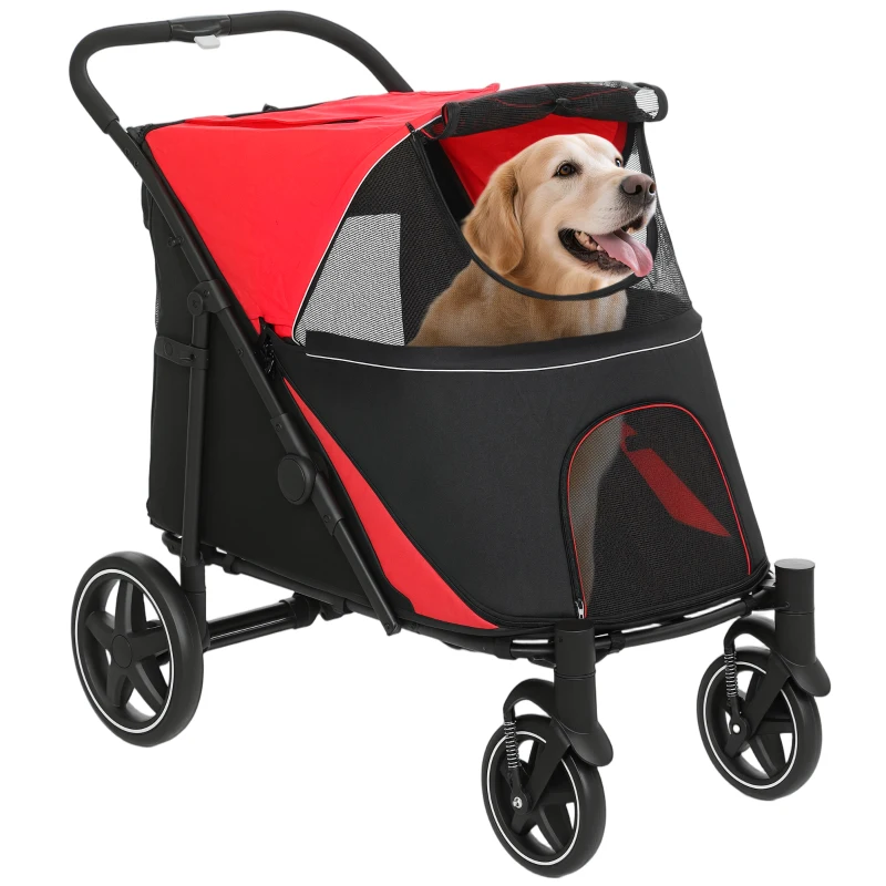 PawHut Foldable Pet Stroller with Universal Front Wheels, Shock Absorber, Dog Cat Carriage for Large & Medium Dogs, Red
